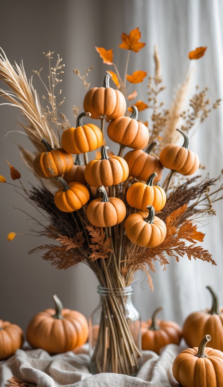 A bouquet of 21 small pumpkins with dried stems arranged together on a neutral background.